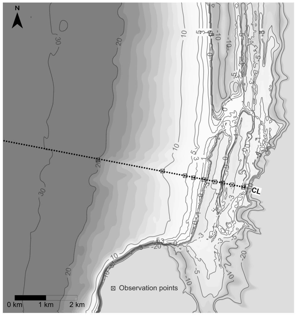 4 COASTAL ENGINEERING 2014 Figure 3: Bathymetry detail of Grid C at Seaside, Oregon. The dotted line indicates the centerline transect used for model comparison.
