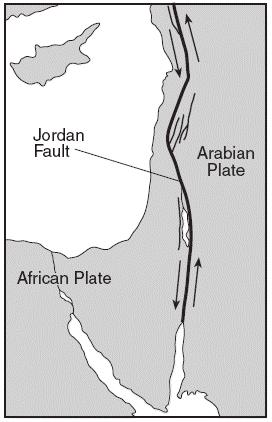 27. The map below shows the northern section of the boundary between the Arabian Plate and the African Plate. Arrows show the relative direction of plate motion.