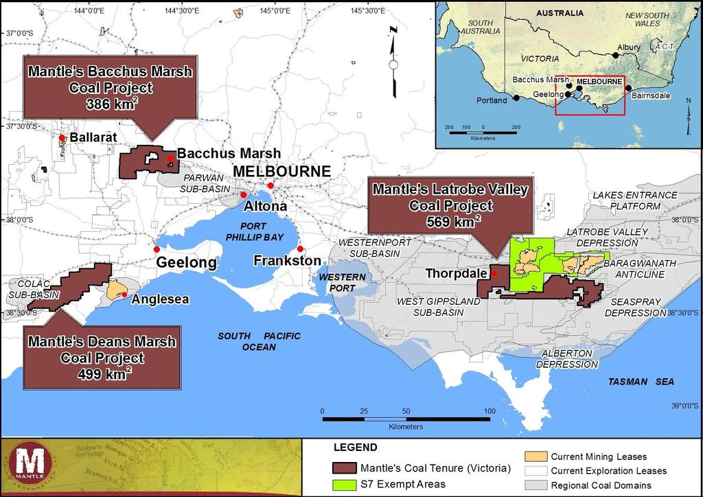 Mantle s Victorian Coal Projects: Figure 1: Location of Mantle s Victorian Coal Exploration Licence areas in relation to State coal fields.