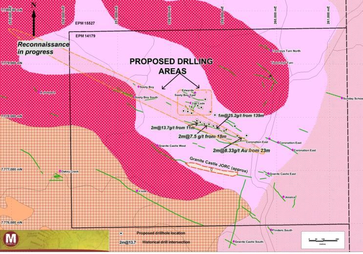 Granite Castle Gold Project (QLD): EPM 14179, located 90km north of Hughenden in QLD, contains a JORC compliant gold/silver Resource 1 hosted solely in the single Granite Castle shear.