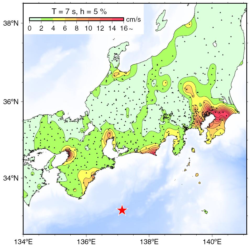 Koketsu (2005) pointed out that the distributions of pseudo-velocity response spectra confirmed this excitation at periods of 5-7 s in the Osaka basin, of 3-5 s in the Nobi basin, and of 7-10 s in
