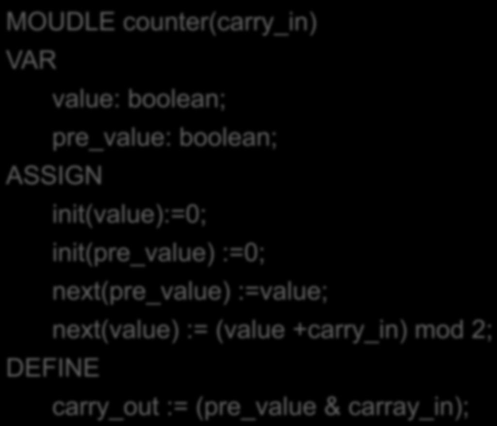 Accumulative Carry Circuit MOUDLE counter(carry_in) VAR value: boolean; pre_value: boolean; ASSIGN init(value):=0;