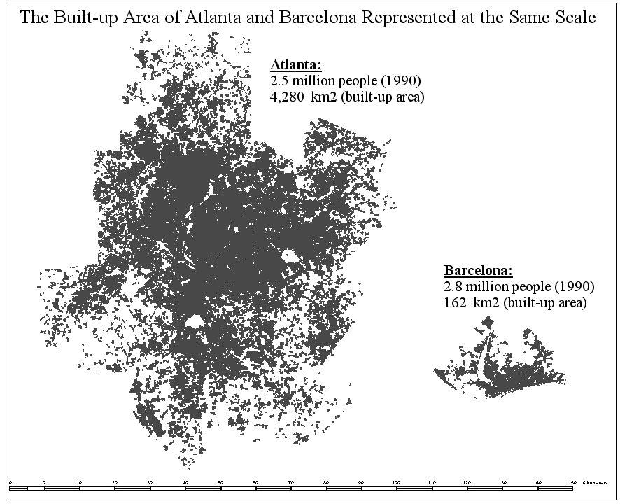 Atlanta and Barcelona: why there are transit density thresholds? The map above shows Atlanta and Barcelona built-up areas at the same scale.