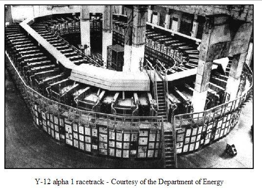 First Stage EMIS Separators at Oak Ridge, TN in the Manhattan Project Alpha, or first stage, separators organized into a production unit, called a racetrack of 96 separators, of calutrons The second