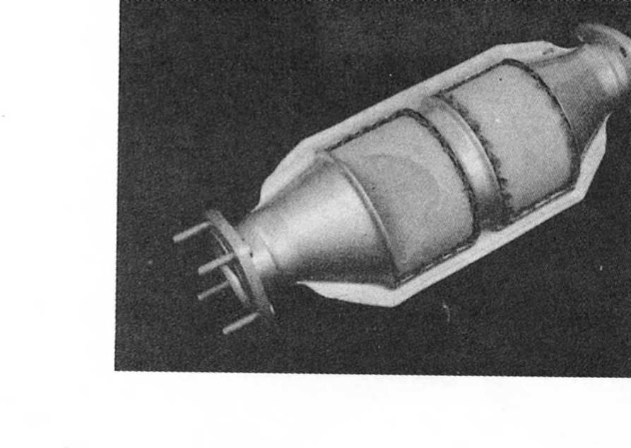 assembled automobile catalytic converter with two visible catalytic monoliths The