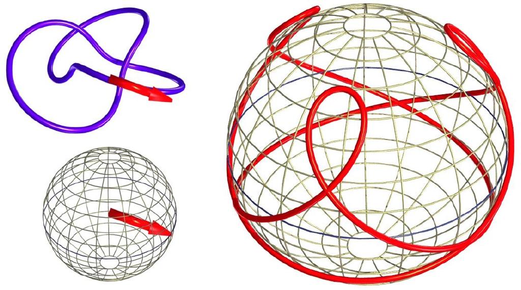 Slika 8: Vozel in njegova tangentna krivulja. Zgornja leva slika prikazuje vozel z tangentnim vektorjem v neki točki na krivulji. Levo spodaj je ta vektor narisan skupaj z enotsko sfero.