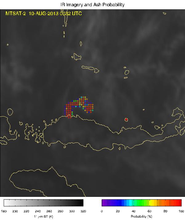 Paluweh Eruption 2027 UTC, 9 August 2013 POSSIBLE VOLCANIC ASH CLOUD FOUND Alert Status: Newly detected feature Latitude of Radiative Center: -8.034 [degrees] Longitude of Radiative Center: 120.