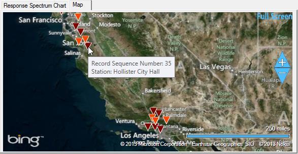 Slika 66: V zavihku z imenom 'Map' so na zemljevidu prikazane geografske lokacije potresov in merilnih mest Slika 67: Primer izpisa imena in magnitude potresa, ki se nahaja pod kazalcem miške Slika