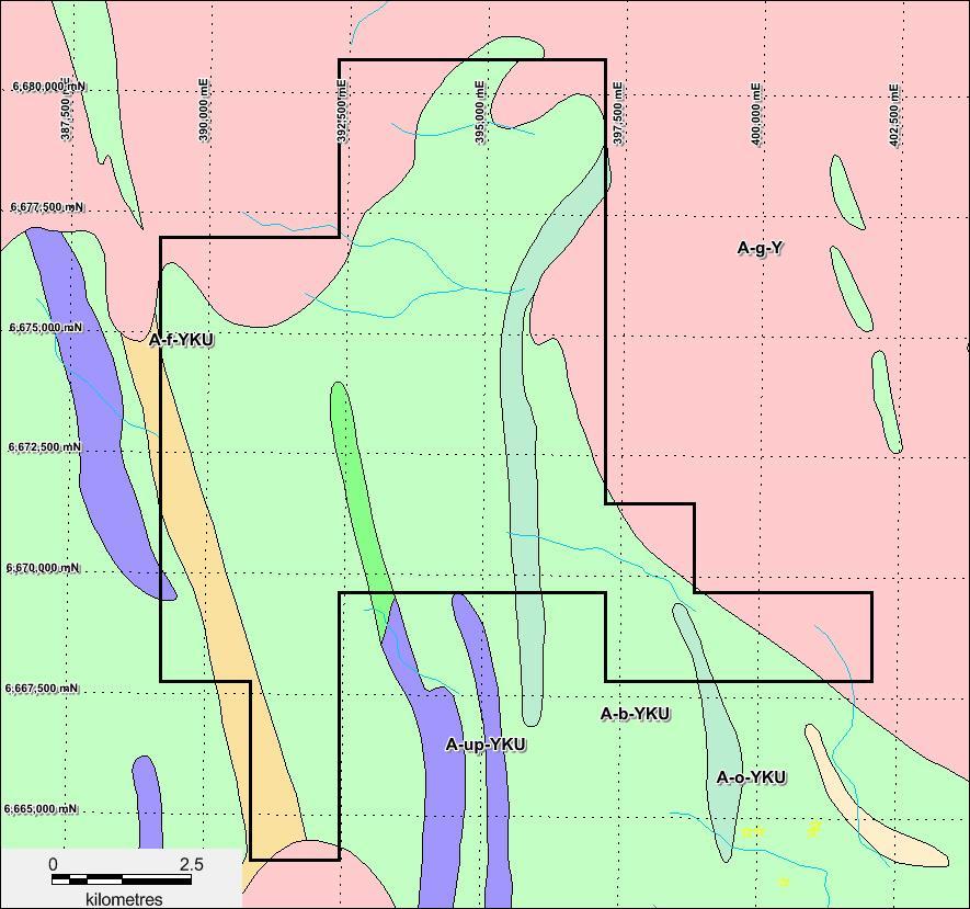 Figure 4 Solid geological interpretation of the Canegrass project The interpreted geological map of the tenements shown that mafic volcanics A-b-YKU (green) are dominant and will be the focus of the