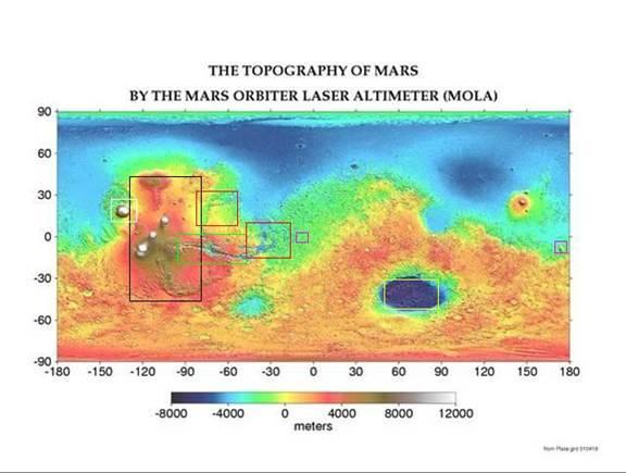 Black Tharsis Bulge Region Green Valles Marineris Red Outflow Regions (Dried River Beds) White Olympus Mons Purple Meridiani Planum (Opportunity landing site near Longitude = 0) Purple Gusev Crater
