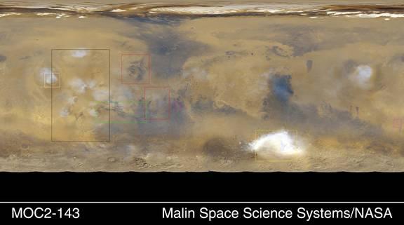 In this image you can see clouds in the atmosphere of Mars. They tend to form over the high volcanic peaks on the Tharsis Bulge and over the Hellas crater.