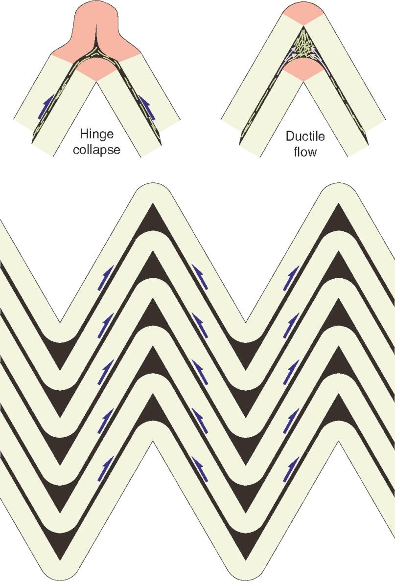 Chevron folds (Class 2) Chevron folds most likely form by flexural slip of multilayered rocks during