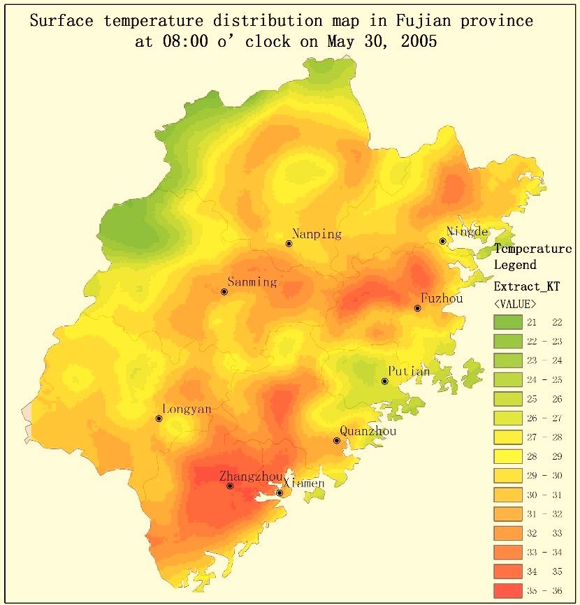 Fig. (3). Surface temperature distribution map (in C) for the Fujian province at 8 a.m. on May 30, 2005, using an ordinary kriging interpolation.