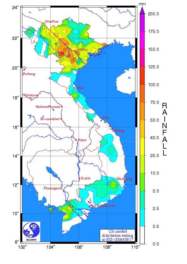 Fig 3: Rainfall Observation (from 12UTC 16/08 to 00UTC 17/08/06): Cua Ong 49, Bai chay