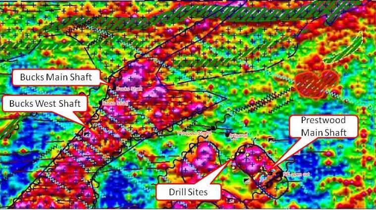 Figure 2: Geological Interpretation Projected over Magnetic Image (Analytical Signal). The magnetic high areas represent monzonite at, or just under the surface (dark red /purple in Figure 2).