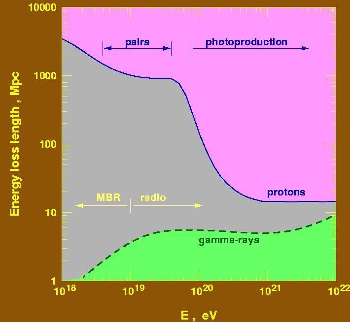 Energy loss lengths of protons in the microwave background and of gamma rays in MBR and radio background.