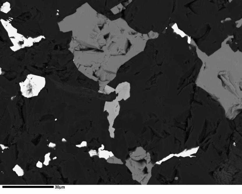 Figure 9: BP3 Zoned freibergite (centre, light grey) with sphalerite (medium grey), and