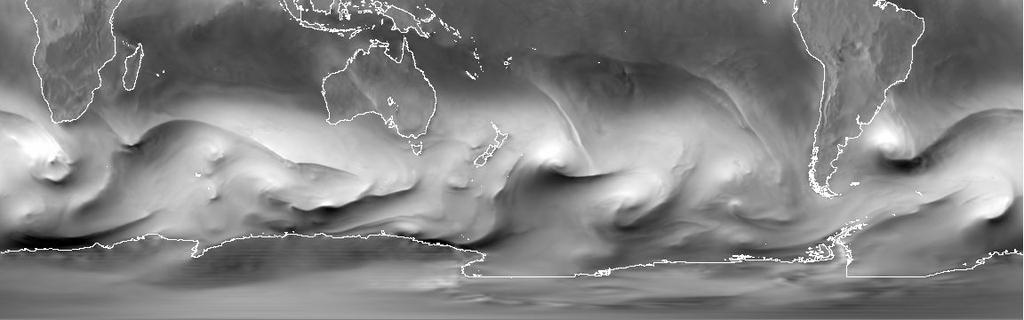one month of simulated near surface flow (bright =>