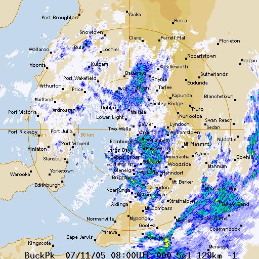 2.2 Weather Radar Data Weather radar imagery (figure 4a) from the Buckland Park radar (near Two Wells), indicates that at 30 CDST areas of light to moderate rain were traversing the Adelaide area.