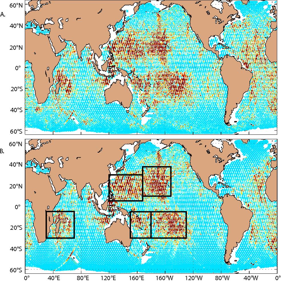 M 2 internal tide amplitude: along-track altimetry data vs 1/12 Global HYCOM