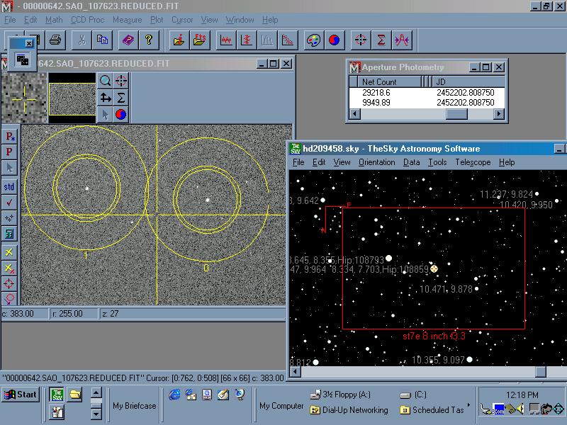 Figure 4. A sample computer screen showing HD 209458 (HIP 108859) and the comparison star HIP 108793 (left window) from MIRA AP 6.0. To achieve a field of view this large, a focal reducer was required.