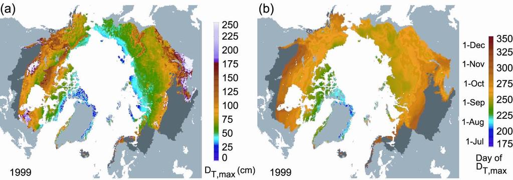 Modeled depth of active layer (a) and the date of maximum thaw depth (b) for 1999 over the Arctic terrestrial drainage from the single-column