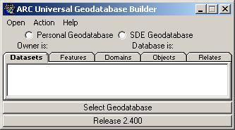 Geodatabase Builder Screen Layout CAPTION BAR - The standard Windows Caption Bar containing the Application Title, Minimize/Maximize/Close Buttons, Control Menu, and Application Menu.