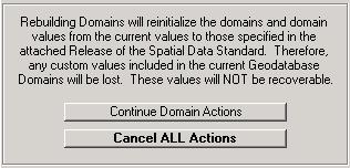 Geodatabase Builder REBUILDING DOMAINS will remove locally assigned Domain Values from the Geodatabase. Doing Global Rebuilding should be used with caution.