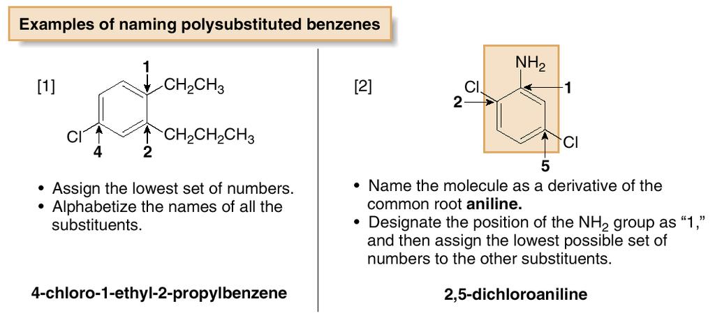 Benzene and Aromatic Compounds Nomenclature of Benzene Derivatives For three or more substituents on a benzene ring: 1. Number to give the lowest possible numbers around the ring. 2.