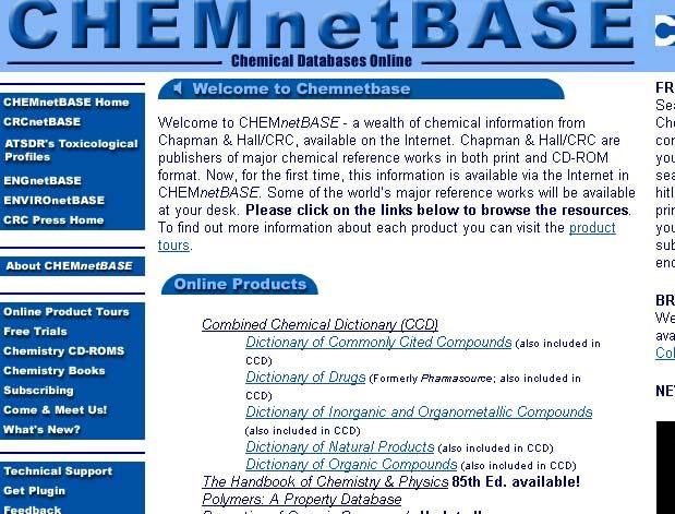 Figure 1. CHEMnetBASE homepage Download and install the CHEMnetBASE structure drawing plug-in if you are using your home computer.