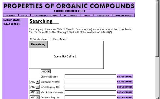 Figure 4. Properties of Organic Compounds Main Search Page Actions: Use Scroll bar on right to view search fields. Click on Browse Index to see values stored in an index.
