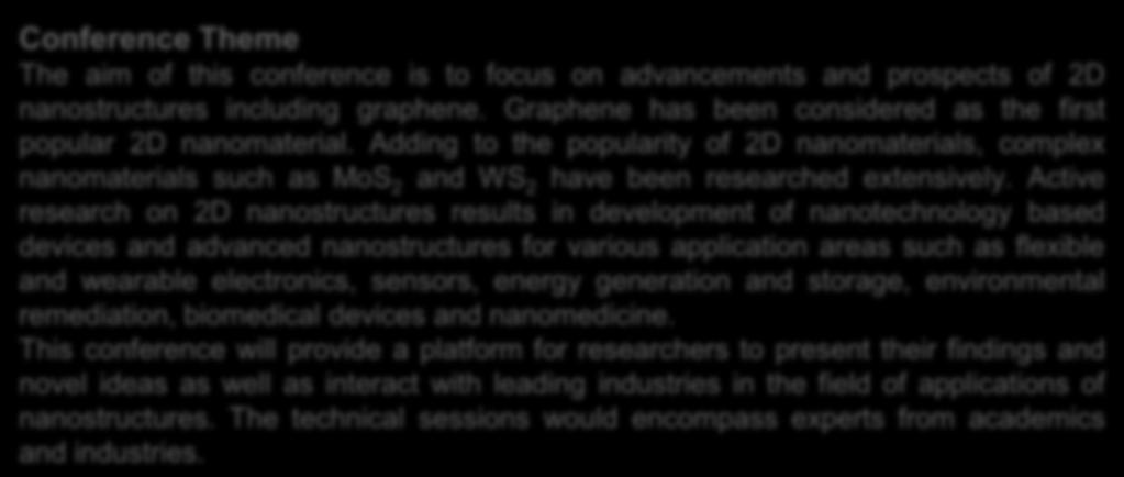 Conference Theme The aim of this conference is to focus on advancements and prospects of 2D nanostructures including graphene. Graphene has been considered as the first popular 2D nanomaterial.