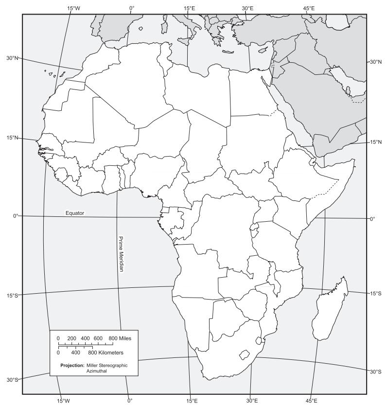 Map 8: Sub-Saharan Africa Label the following: (Place numbers on map) 1. Burundi 12. Djibouti 23. Eritrea 34. Ethiopia 45. Niger 2. Madagascar 13. Botswana 24. Chad 35. Rwanda 3. Somalia 14.