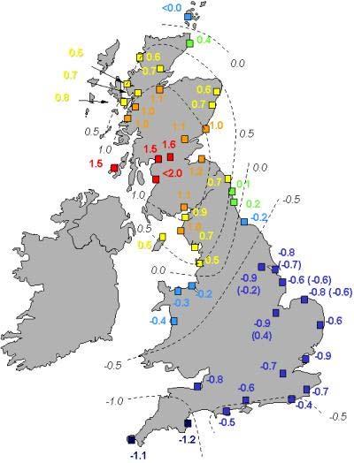 Figure 6.3 Map of estimated current rates (mm/year) of crustal movement in Great Britain. Negative values indicate land subsidence. Point estimates are shown for guidance.