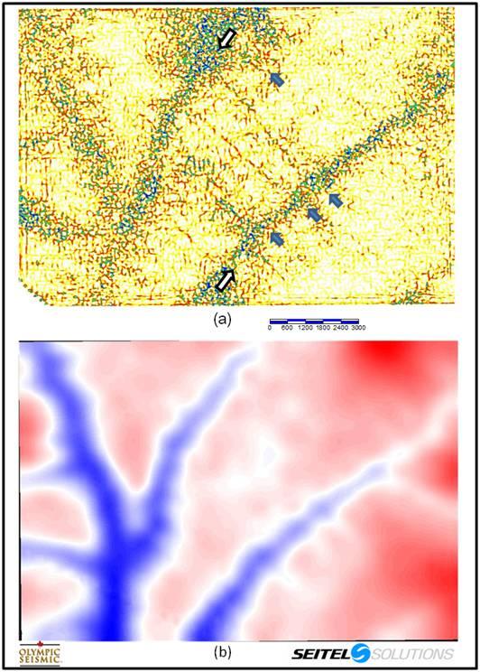 Figure 2: (a) 1.208 second volume-based most negative curvature computed on PS volume (b) base of weathering map.