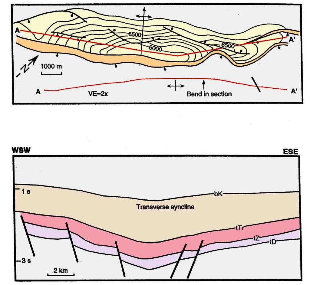 Structure contours Beatrice field Map view Footwall anticline: Cross-section A-A shows form of footwall anticline.