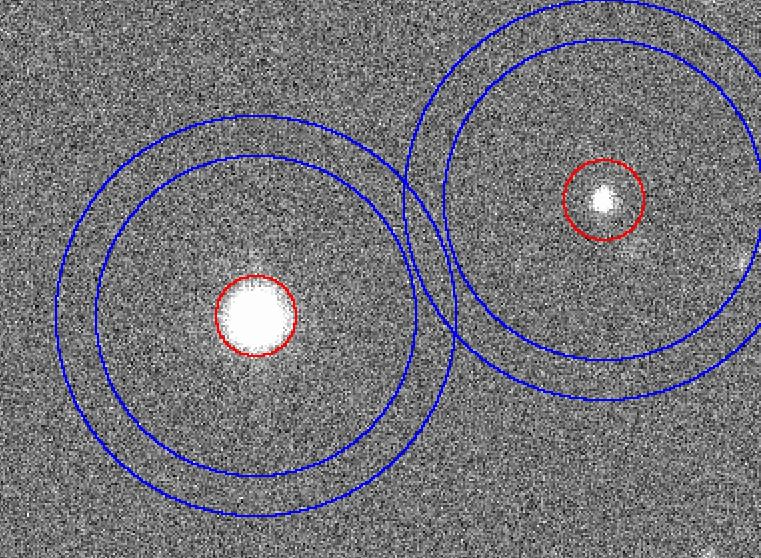 Figure 2: A section of one of the composite images from our data set. The red circle represents the aperture and the blue circles represent the inner and out annuli.