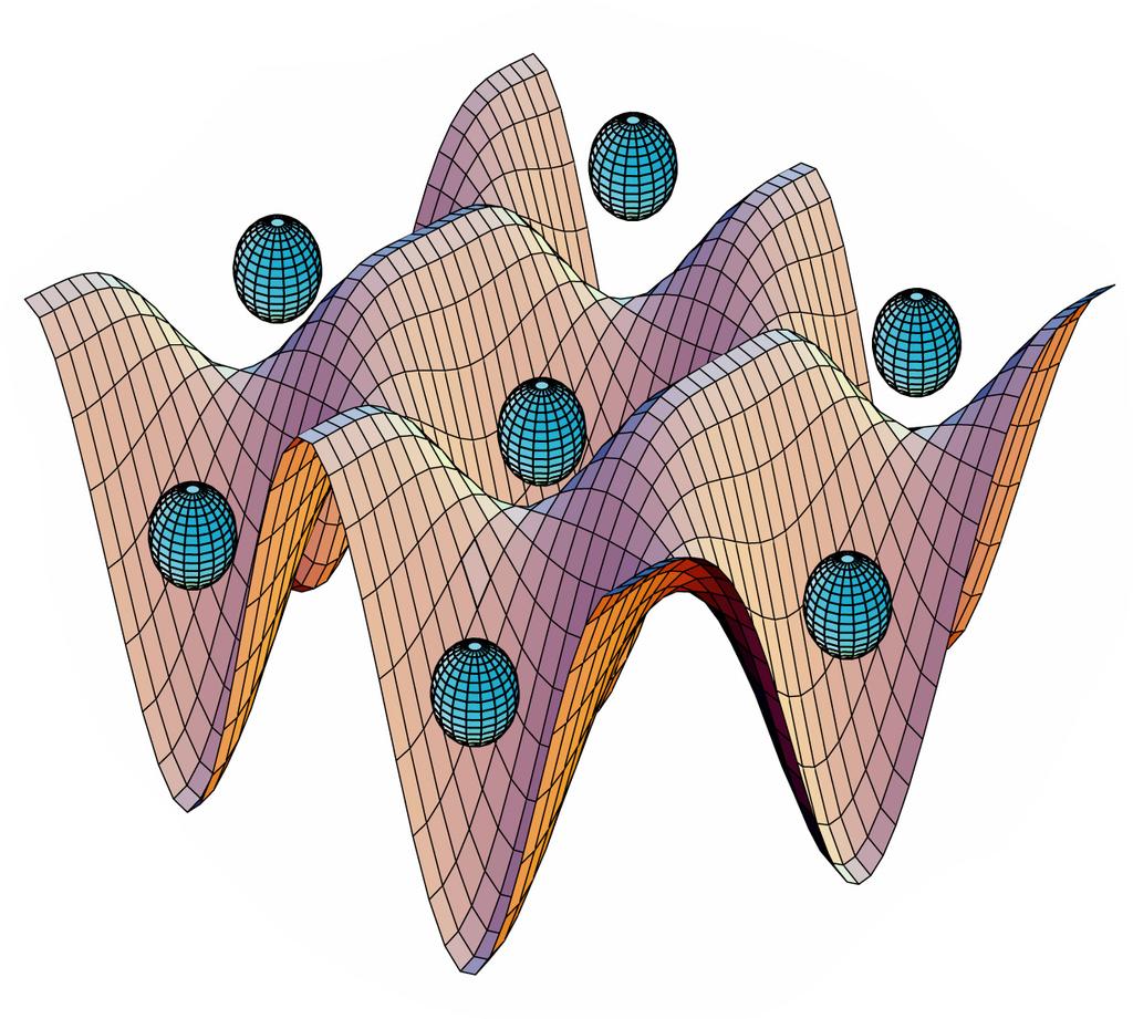 (a) Skica optične mreže z ujetimi nevtralnimi (b) Slika superprevodnega kubita, ki deluje atomi. na osnovi magnetnega pretoka skozi zanko. Kubit vsebuje 4 Josephsonove spoje.