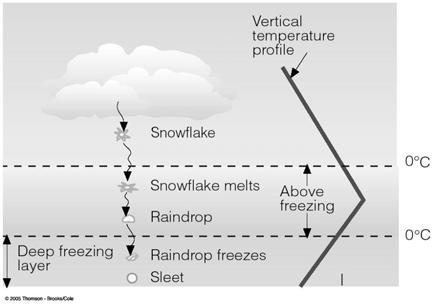 130 Sleet forms when a partially melted snowflake or