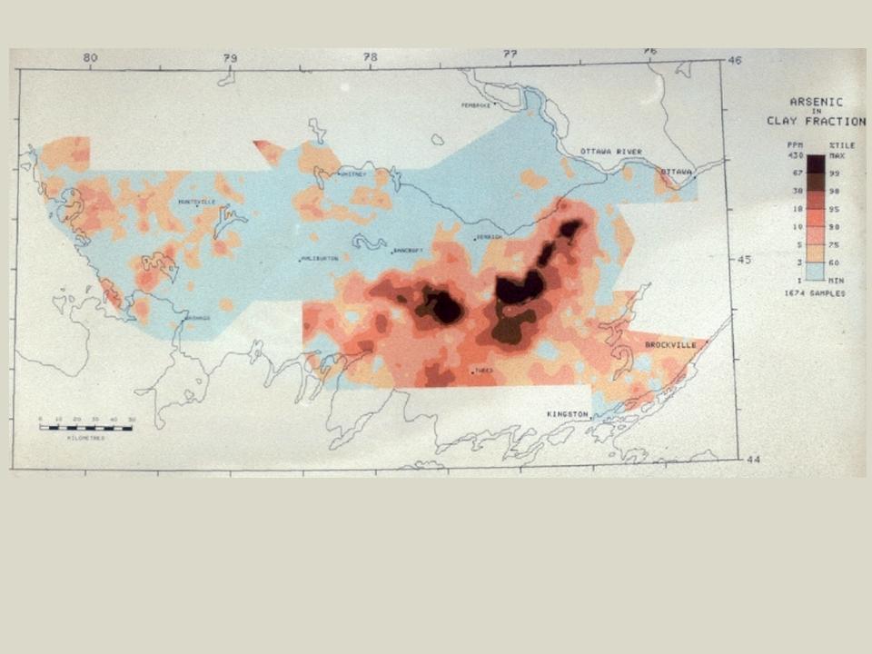 Map of natural As concentrations in till and other glacial sediments (<2 um fraction).