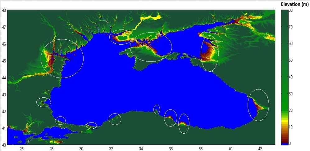 Coastal areas below 20 m elevation along the Black Sea shore. These areas are highly vulnerable to sea level rise.