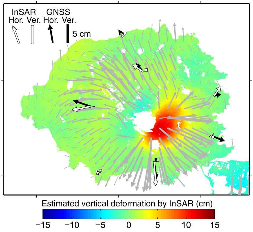3-D displacement retrieved from InSAR Volcanic activity caused displacement at Sakurajima volcano in 2015.