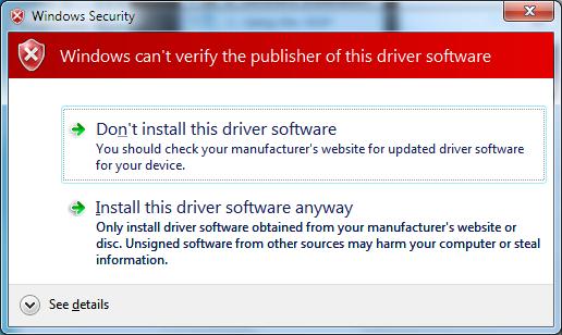 9. A pop-up appears with the message that the driver is unsigned.