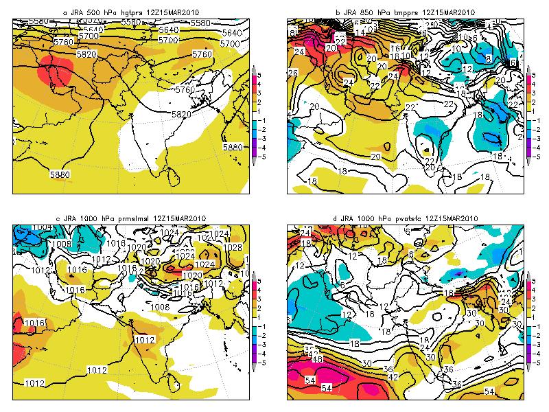 Figure 2. The pattern over India at 1200 UTC 15 March 2010 showing the field and standardized anomalies over India for the period of 1200 UTC 15 to 1200 UTC 20 March 2010.