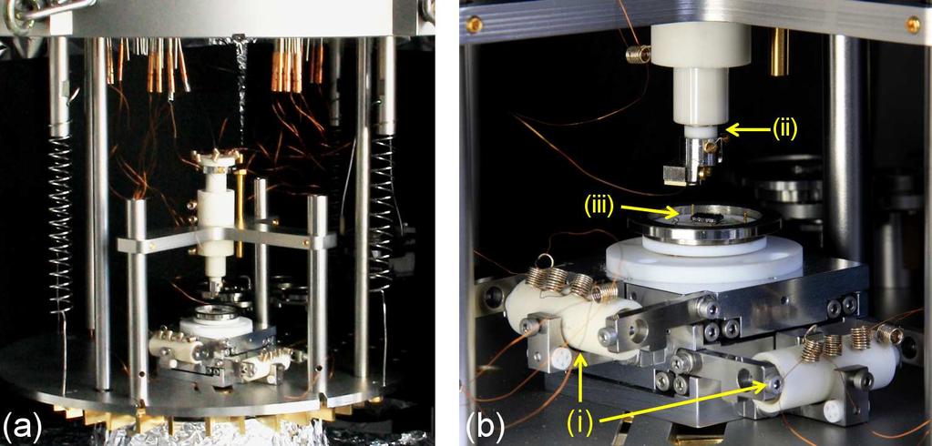 Figure 3.3: (a) The friction force microscope is attached to three springs which belong to an eddy current damping system. The damping magnets are placed underneath the microscope plate.