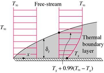 THERMAL BOUNDARY LAYER Flow region over the surface in which the temperature variation in the