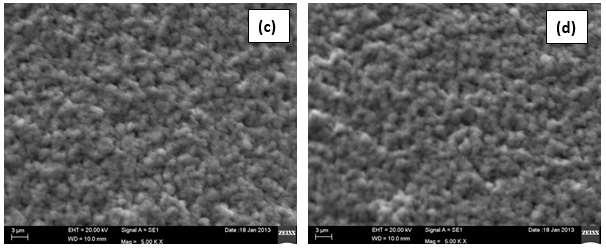 Fig. 2: SEM image of (a) Pure ZnS nanoparticles, (b) Zn1-xNixS, x= 0.02, (c) Zn1-xNixS, x= 0.04 and (d) Zn1-xNixS, x= 0.06 nanoparticles Structural Analysis: According to Fig.