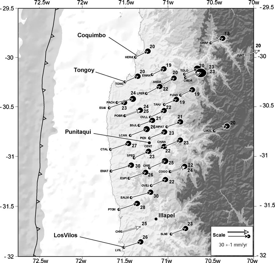 Ellipses depict the region of 99% confidence using the uncertainties in Table 2. Fig. 5. Coquimbo gap (between 30 S and 32 S). Dots show locations of GPS stations.