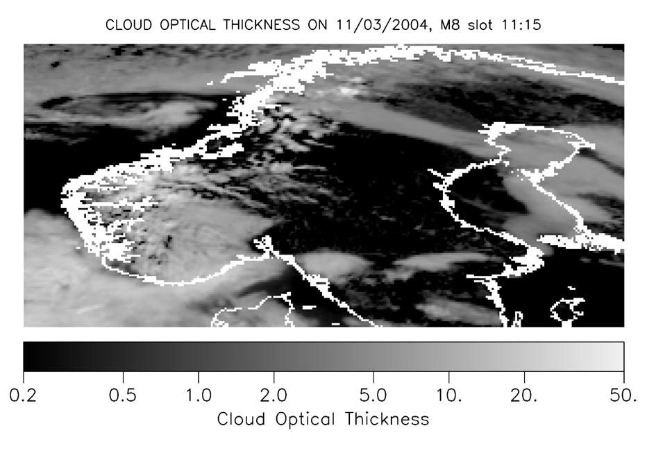 Fig.5. Cloud optical thickness maps obtained with slot 23 of METEOSAT 7 (left) and MSG at 11:15 (right), on April 11th 2004. Fig. 6.