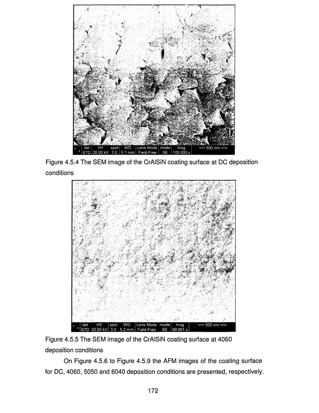 Figure 4.5.4 The SEM image of the CrAISiN coating surface at DC deposition conditions Figure 4.5.5 The SEM image of the CrAISiN coating surface at 4060 deposition conditions On Figure 4.